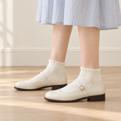 AI side-view styling illustration of Milk White cable ankle socks with small curled cuffs and cream low-heel Mary Janes.