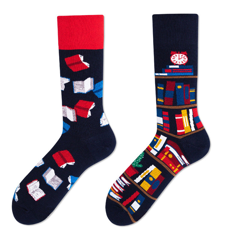 Coordinated mismatched sock pair showing scattered books on one sock and a bookshelf on the other