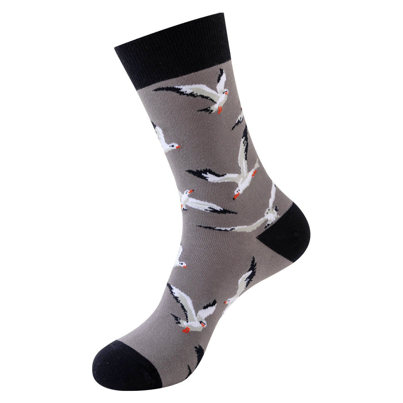 Grey Seagull crew sock with flying white birds and dark cuff, heel and toe