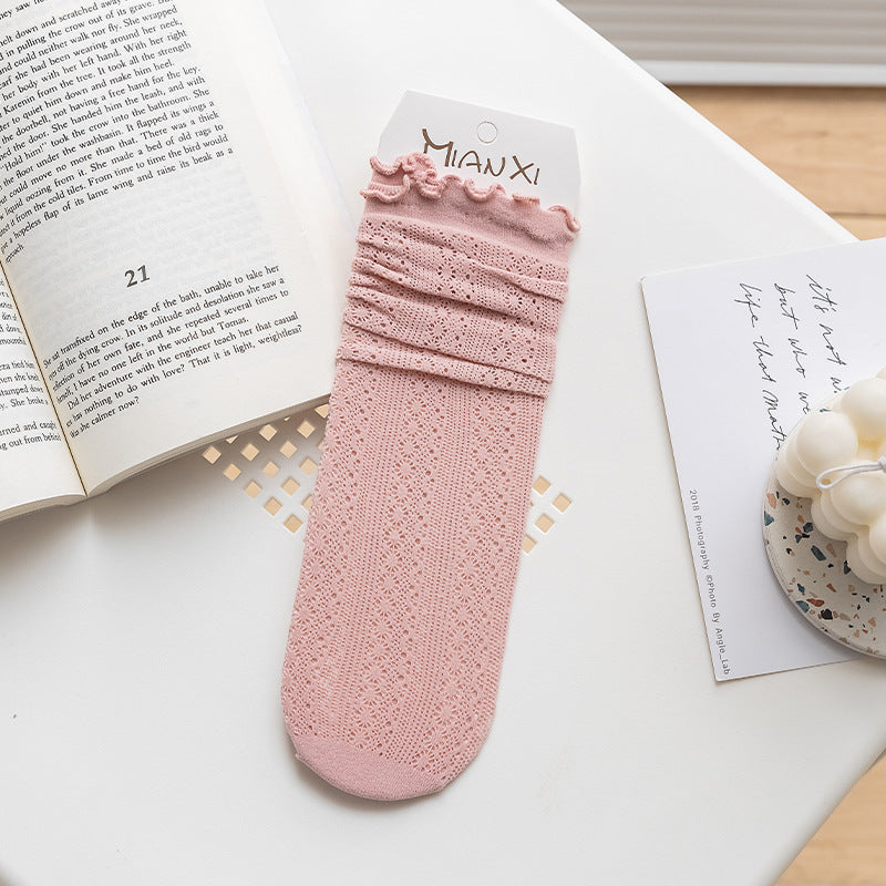 Peach Pink socks with small floral openwork and a rippled cuff edge