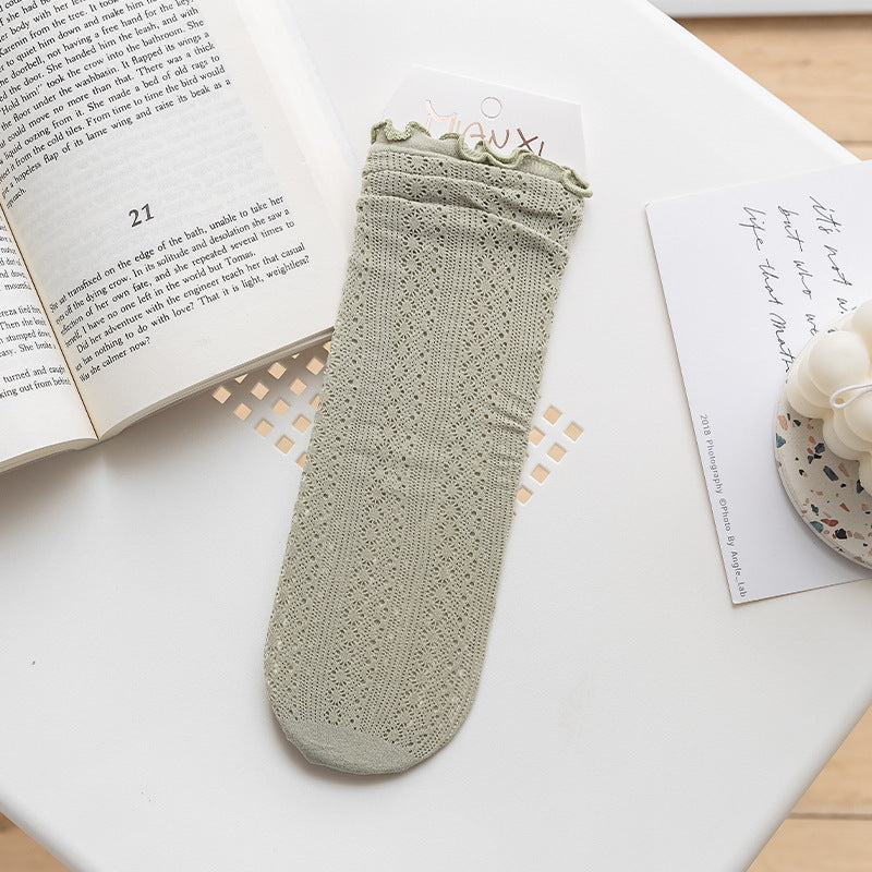 Pale Green openwork socks with rippled cuff edges