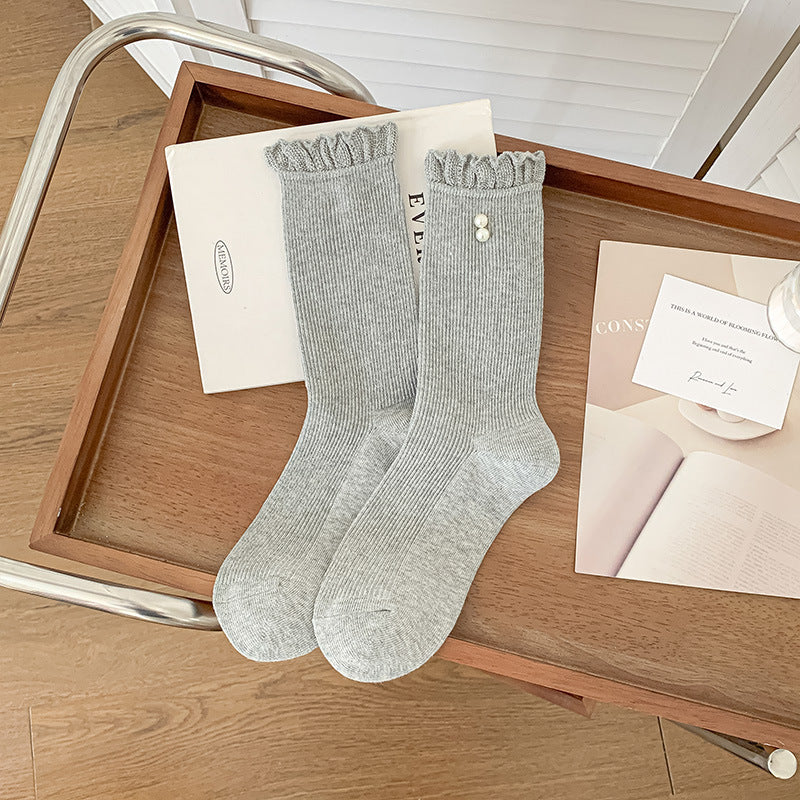 Light Gray ribbed socks with frill cuff and pearl-style accents, selected one-pair option