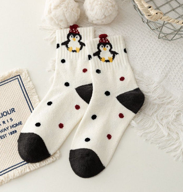 Penguin Dots crew socks with penguin characters, black and red dots, and dark heels and toes