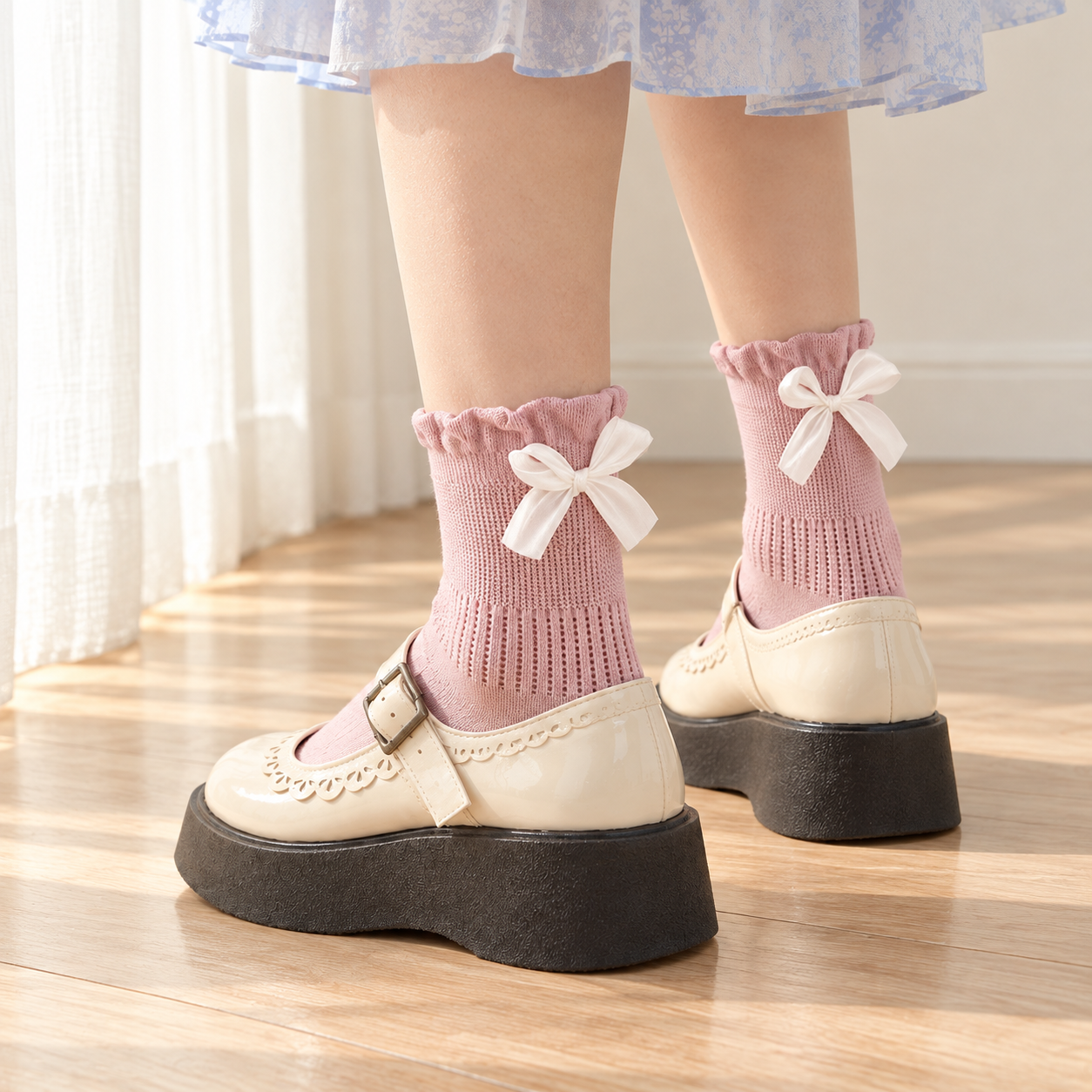 AI styling illustration showing Pink eyelet-band socks with broad white bows from a rear three-quarter Mary Jane view