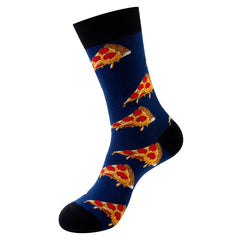 Pizza crew sock with pizza slices on a dark blue body and a black cuff, heel and toe
