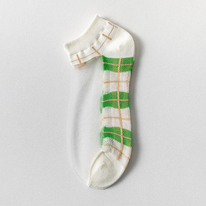 Green Plaid sheer ankle sock with green blocks, tan grid lines, light trim and a transparent side panel