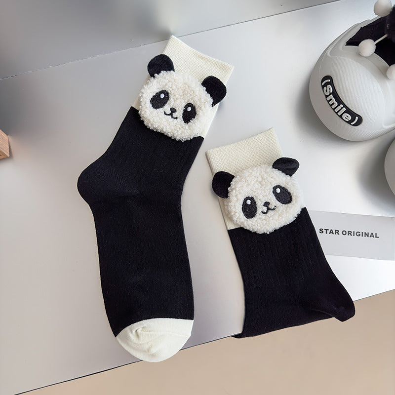 Black Body / White Cuff panda crew socks with raised white panda faces and white toes