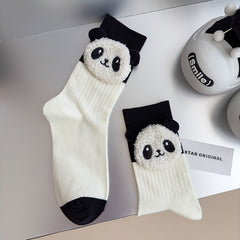 White Body / Black Cuff panda crew socks with raised white panda faces and black toes
