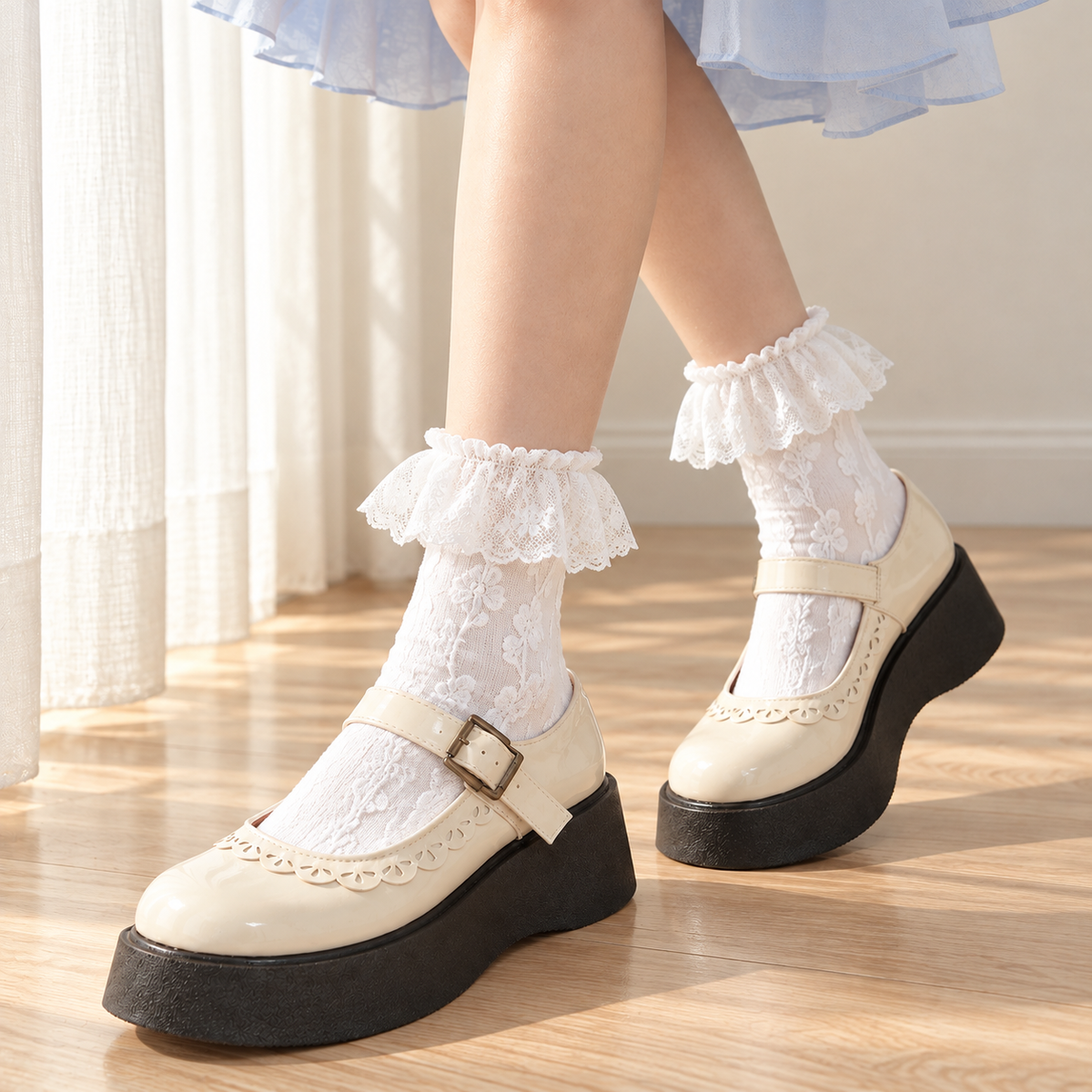 AI-assisted White raised-floral sock styling with broad scalloped lace flounces and cream Mary Jane shoes