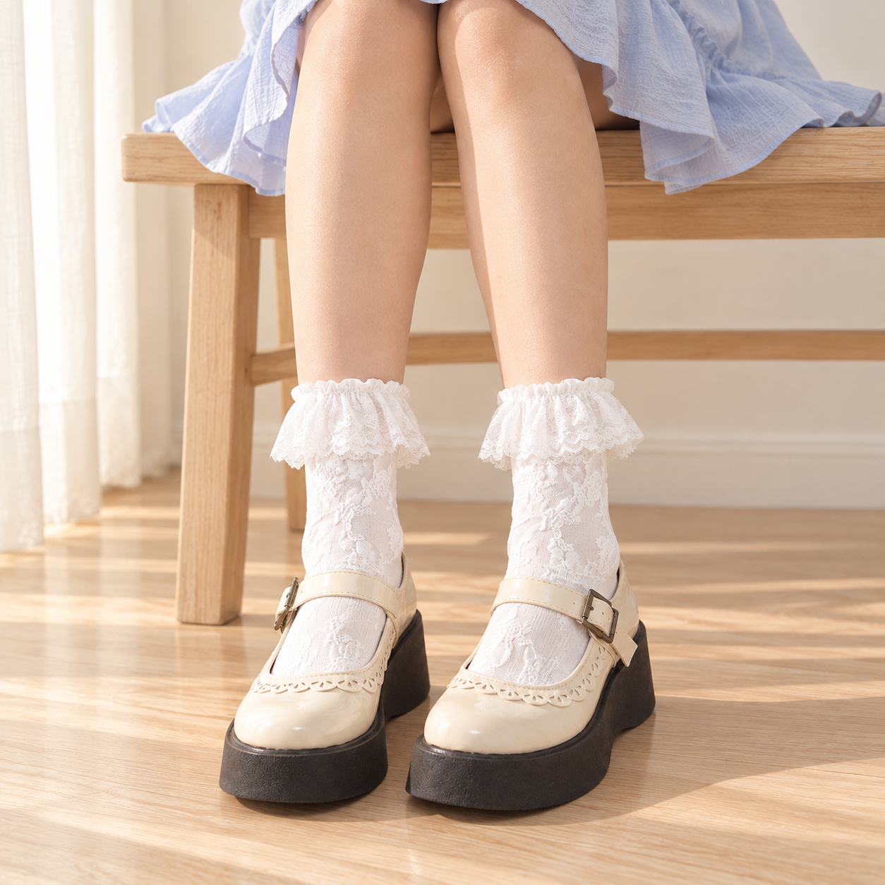 AI-assisted seated skirt outfit showing White floral-vine socks with broad outward lace flounces