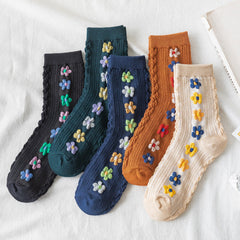 Group reference photo of raised-flower knit socks in several colors; only Beige and Brown are offered, one selected pair per order