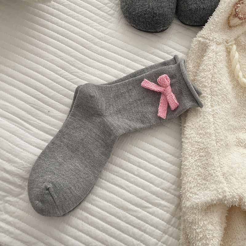 Light Gray with Pink Bow socks, sold as one selected pair