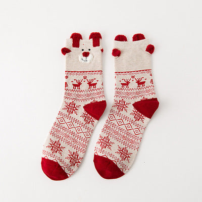 Reindeer A crew socks with red-and-cream patterned bands and raised reindeer cuff details