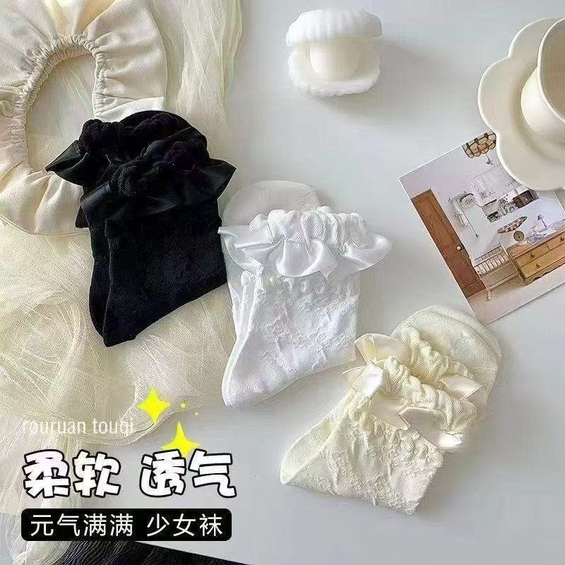 Additional supplier detail photo of ribbon-bow lace socks; order includes one selected-color pair