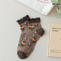 Rose bouquet sheer ankle socks in the selected Coffee color