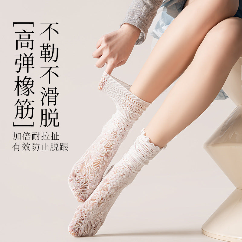 Pure White rose lace socks with horizontal openwork bands and scalloped cuffs