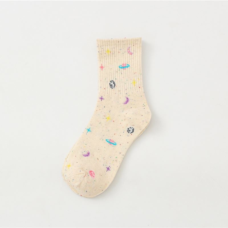 Khaki crew sock with colorful planets, crescent moons and stars
