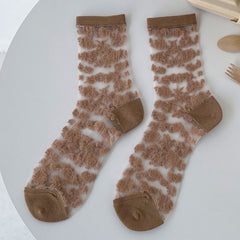 Textured floral sheer crew socks in the selected Khaki color