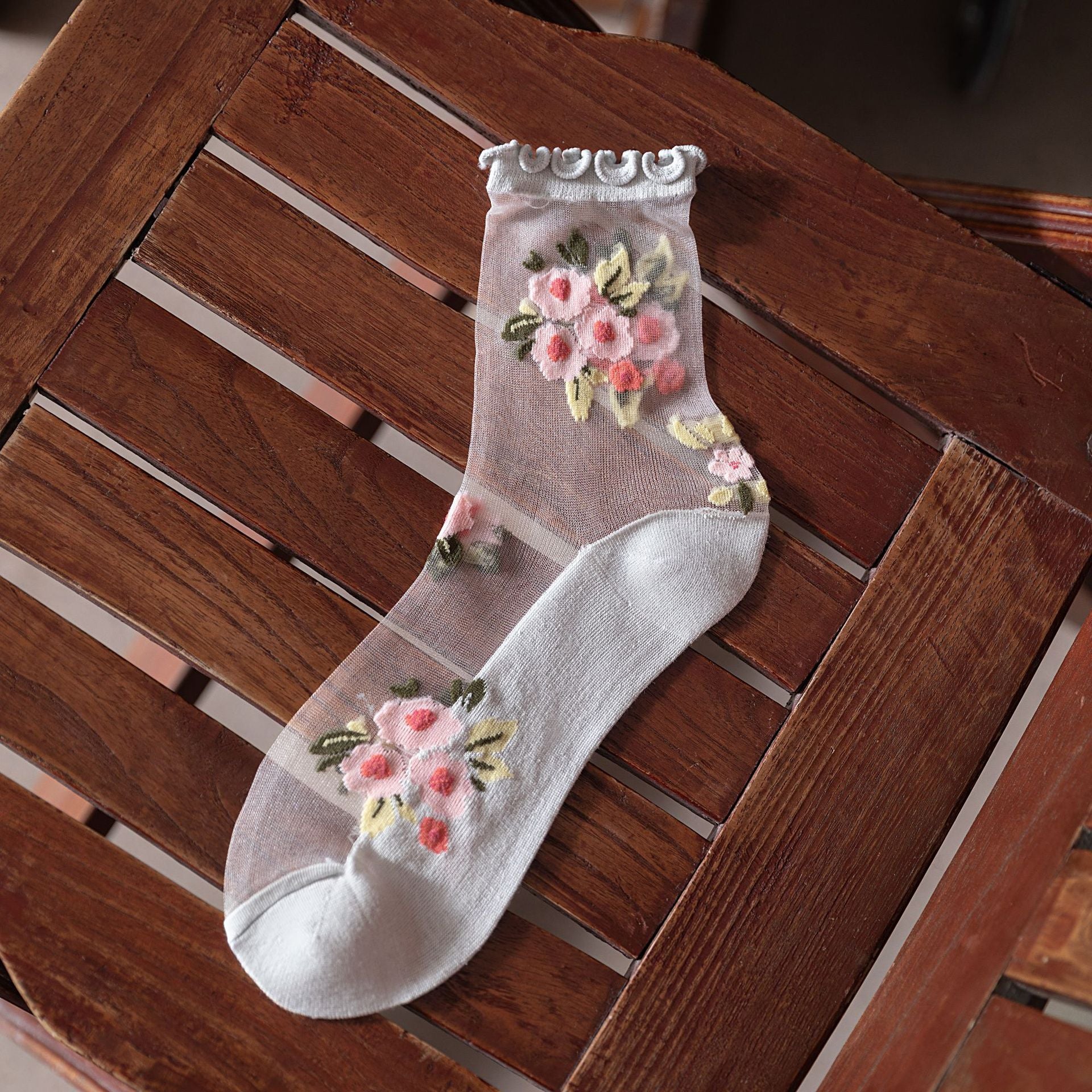 Sheer crew sock in Gray Blue Sole / Pink Floral Clusters Style