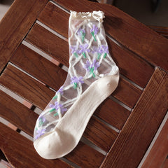Sheer crew sock in Beige Sole / Purple Floral Trellis Style
