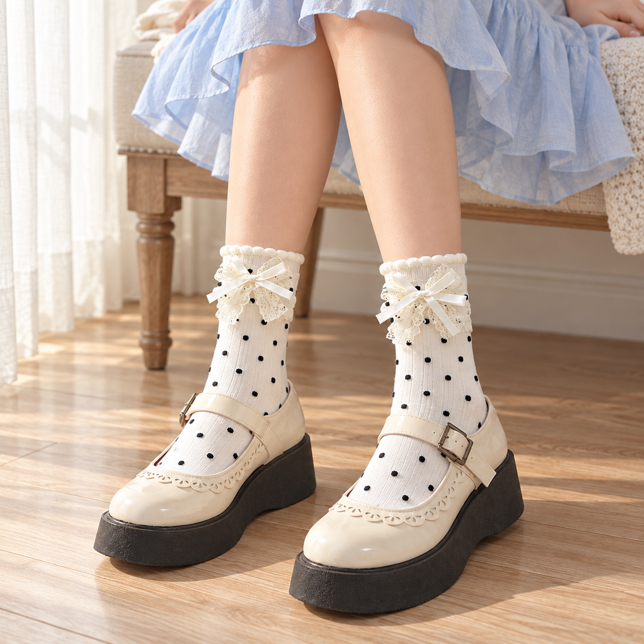 AI seated outfit illustration of White polka-dot lace-bow socks beneath a powder-blue skirt