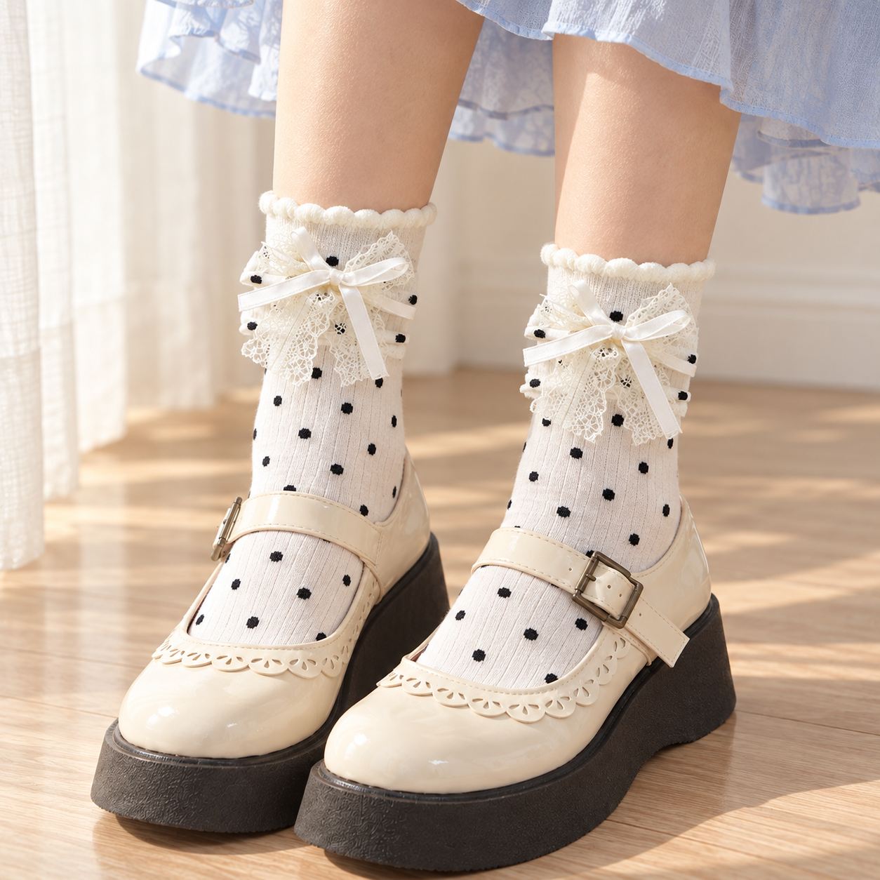 AI close styling illustration of the layered white floral-lace and narrow ribbon bows on black-dot socks