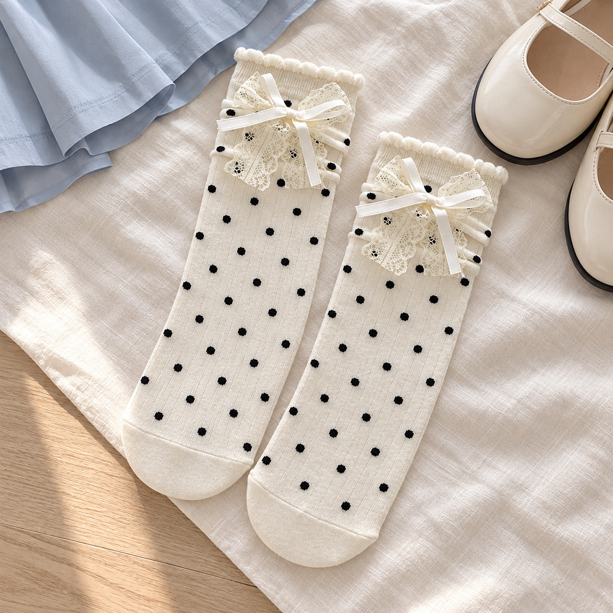 AI folded-pair styling illustration of White black-dot socks with layered white lace-and-ribbon bows