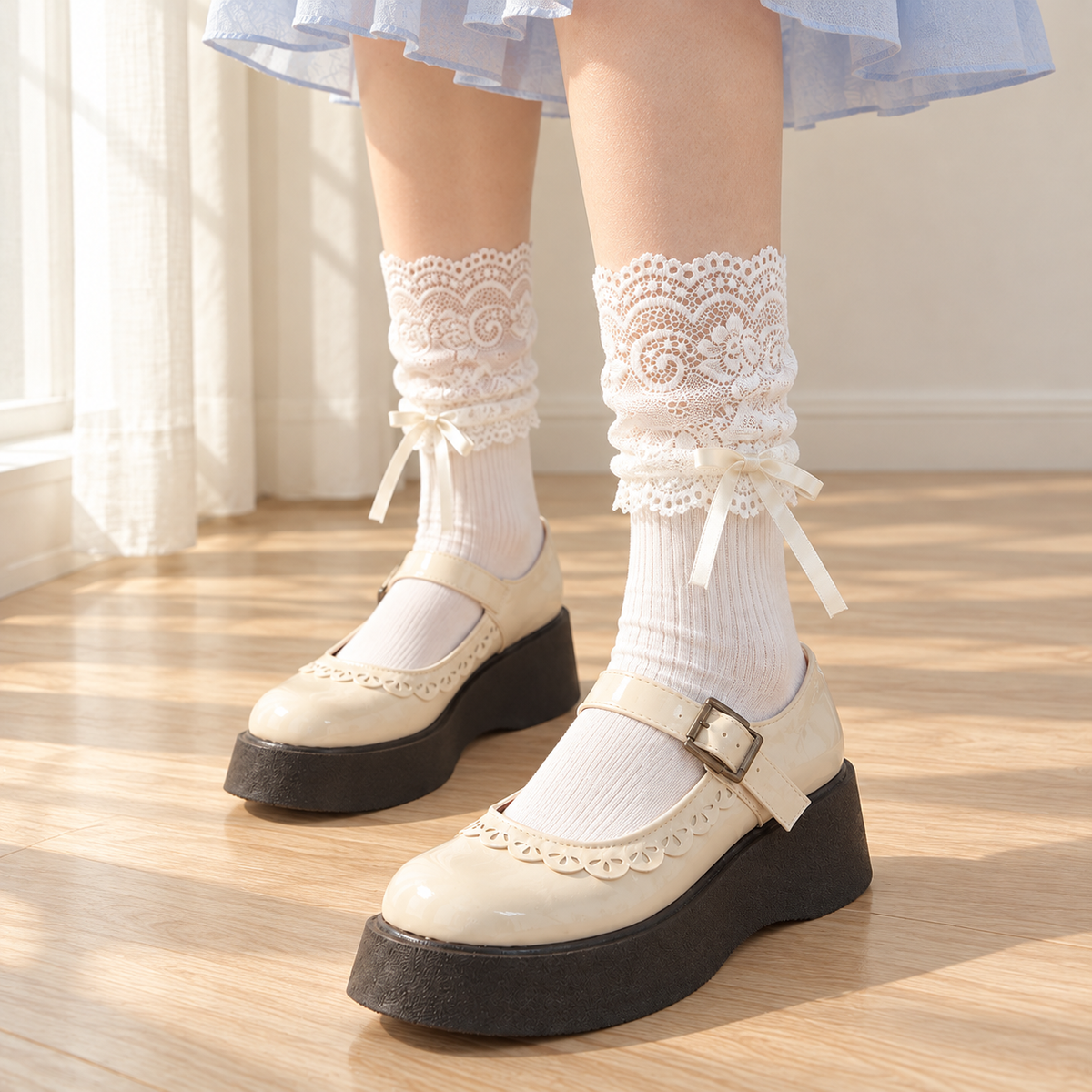 AI-assisted Milky White ribbed sock styling with broad scrolling lace sleeves and low ribbon bows, worn with cream Mary Janes