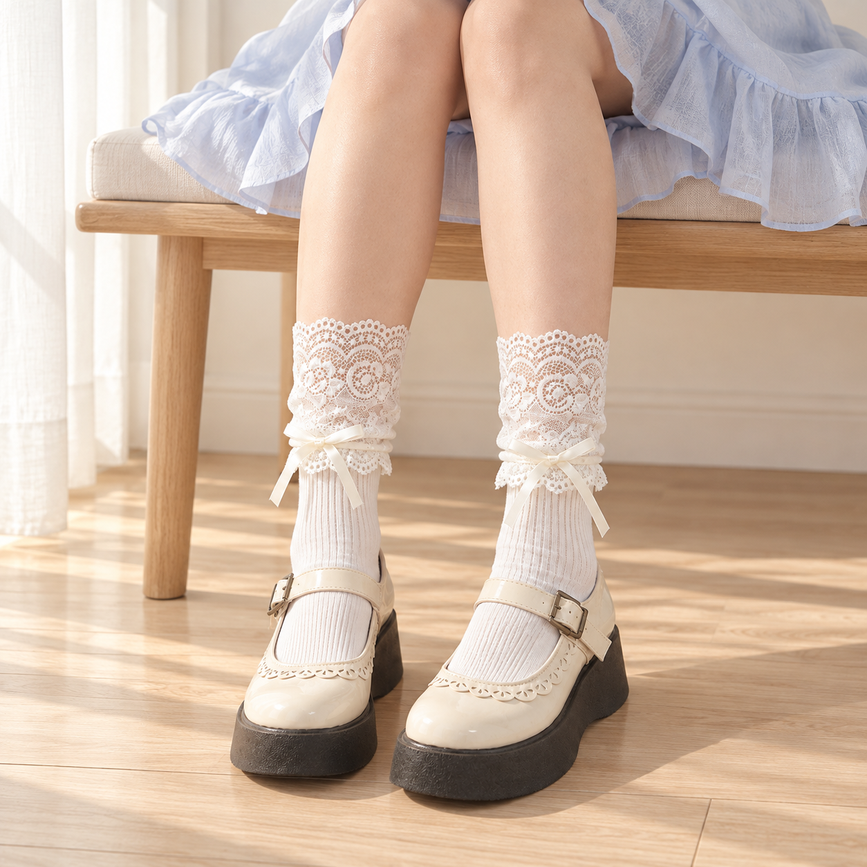 AI-assisted seated skirt outfit showing Milky White ribbed socks with broad lace sleeves and low cream bows