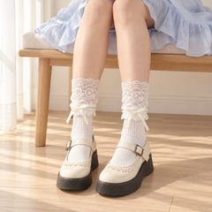 AI-assisted seated skirt outfit showing Milky White ribbed socks with broad lace sleeves and low cream bows