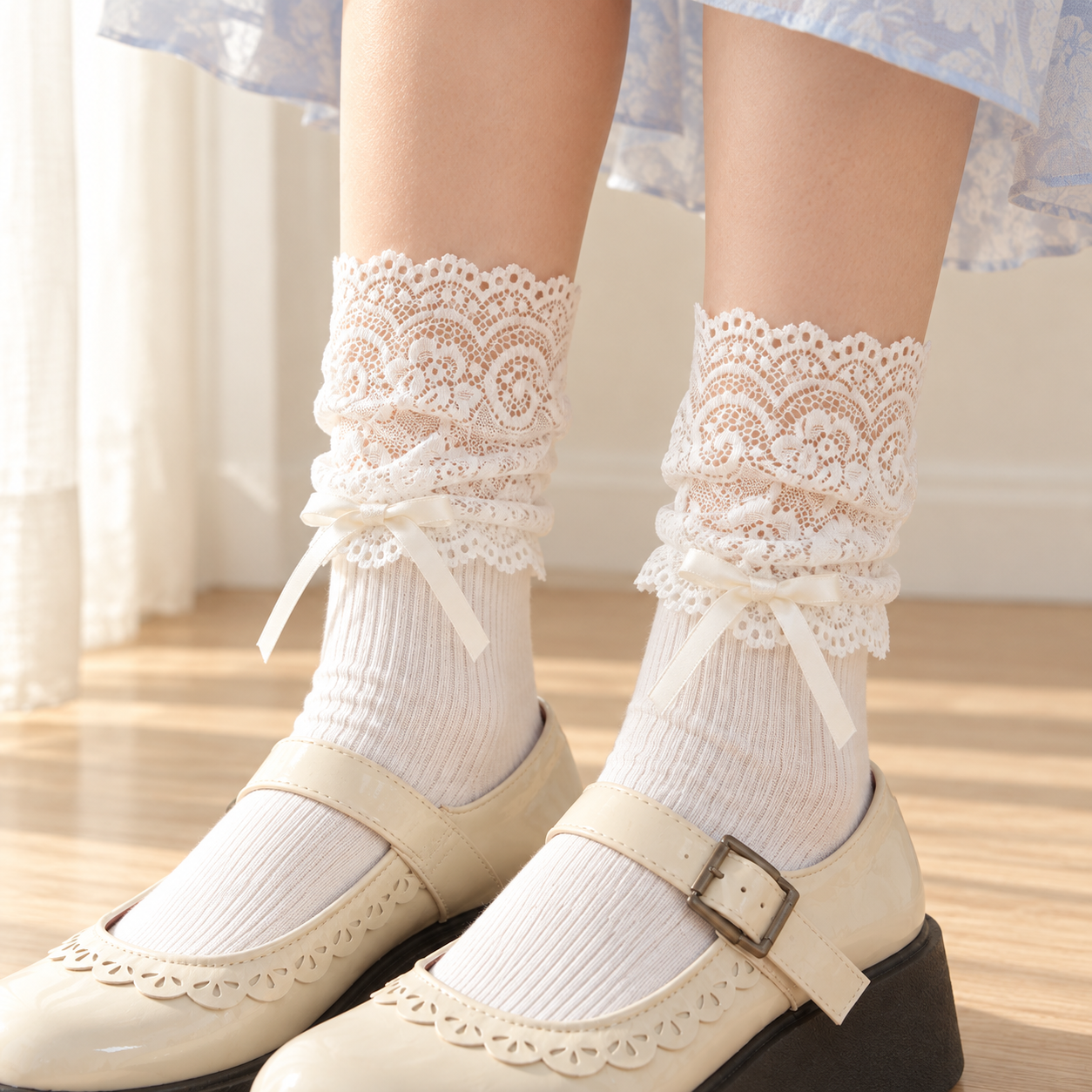 AI-assisted close styling view of Milky White scrolling lace sleeve cuffs, gathered lower edges and low ribbon bows