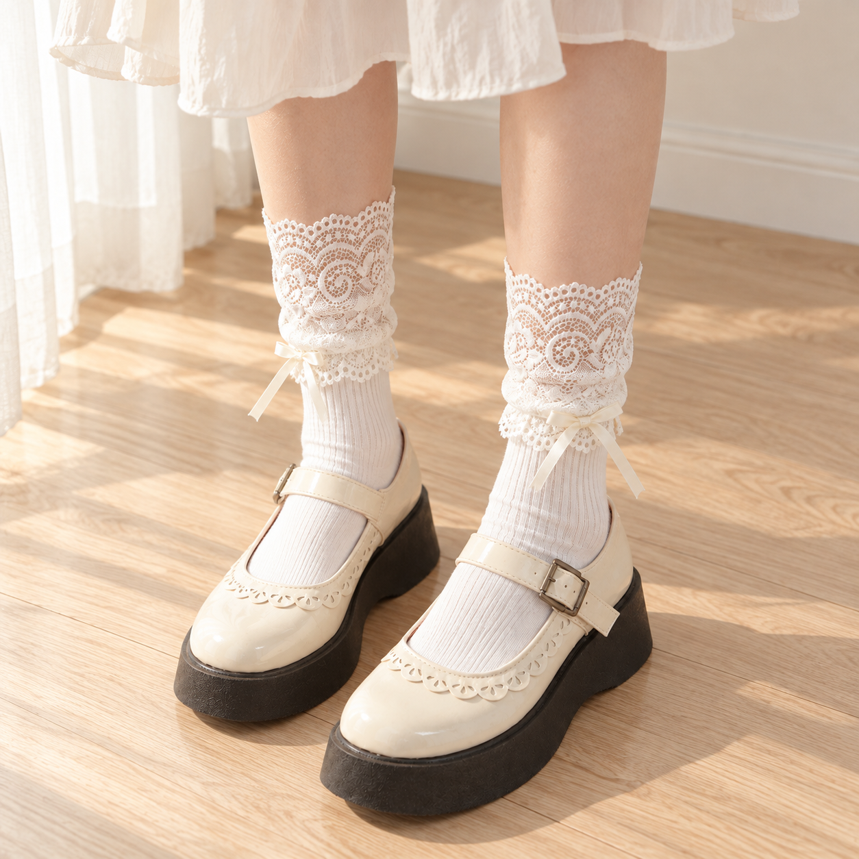 AI-assisted higher front outfit view of Milky White ribbed socks with broad lace sleeves and cream Mary Jane shoes